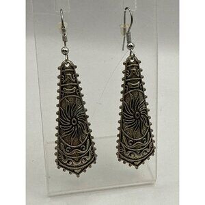 Antique Silver Tone Tribal Dangling Drop Earrings With Fish Hook Backs & Intrica
